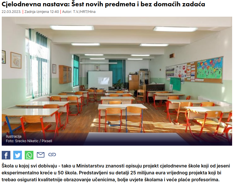 Cjelodnevna nastava u prvih 50 hrvatskih škola od jeseni 2023.
